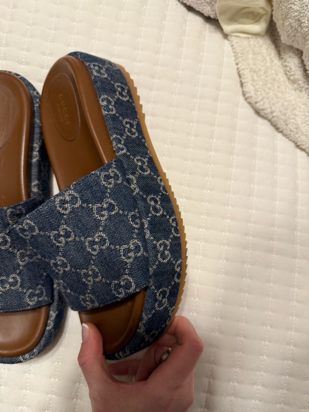 Gucci Denim GG Cross-Band Slide Sandals in Blue and Brown